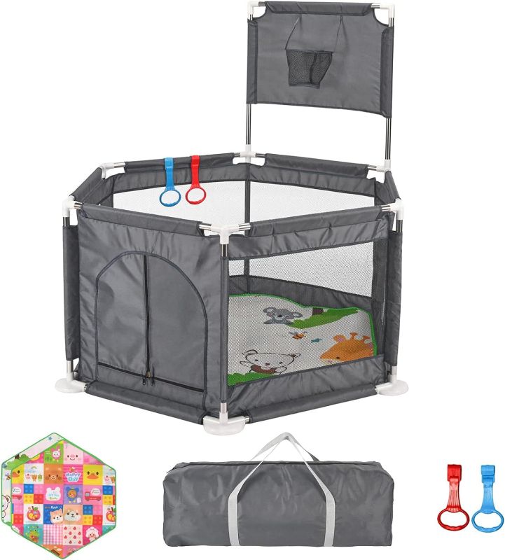 Photo 1 of Baby Playpen with Mat for Baby Toddler, Baby Play Yards with Basketball Hoop and Zipper Gate, Baby Fence Safe Play Area with Pull-up Rings for Indoor Outdoor (Gray)
