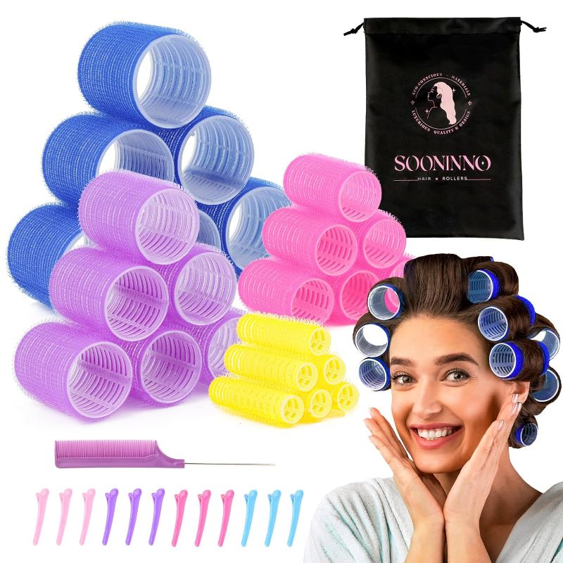 Photo 1 of Hair Rollers with Free Storage Bag - Self Grip Heatless Sooninno Jumbo Hair Curlers Rollers for Bangs,Long,Medium,Short,Curly,Volume Hair - Set of 38 PCS,Velcro, Best rollers hair curlers