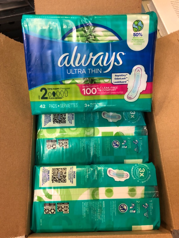 Photo 2 of 3 Pack Case - Always Ultra Thin, Feminine Pads For Women, Size 2 Long Super Absorbency, With Wings, Unscented, 42 Count 42 Count (Pack of 3)