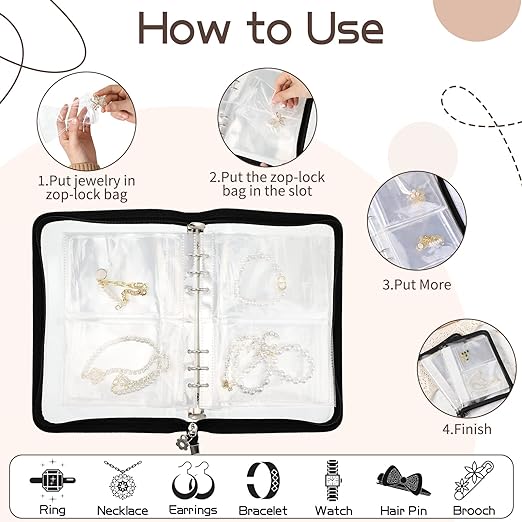 Photo 1 of  Transparent Jewelry Storage Book Jewelry Organizer Clear Binder Zippered Jewelry Travel Bag with 100 Slots and 100 PVC Bag for Ring Necklace Bracelet Stud
