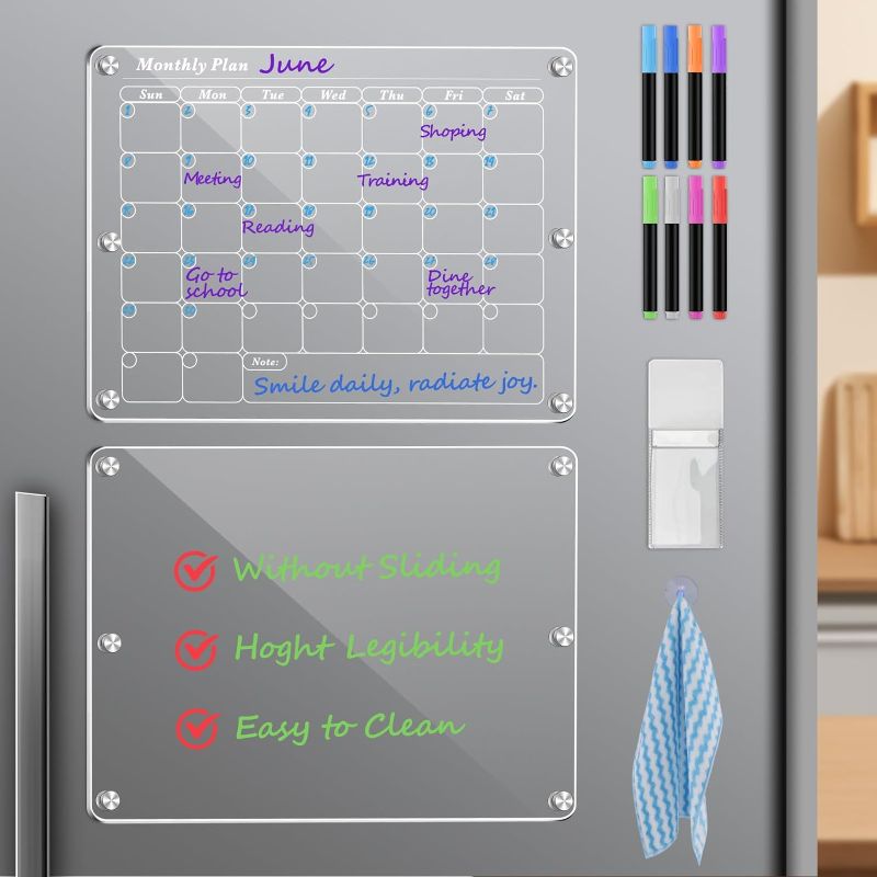 Photo 1 of Acrylic Magnetic Calendar for Fridge, Fridge Calendar Dry Erase Magnetic, Refrigerator Calendar, Clear Fridge Calendar, 2 Set Acrylic Dry Erase Board for Refrigerator Includes 8 Markers
