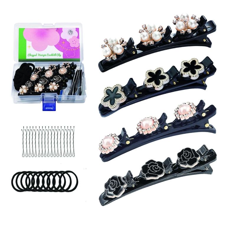 Photo 1 of BAIHU 4PCS Sparkling Crystal Stone Braided Hair Clips for Girls Hair Clip with 3 Small for Thick Hair with 10pcs Hair bands 36pcs Bobby pins And Hair clip organizerC,Black 01)
