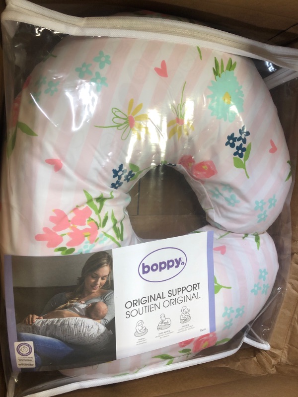 Photo 2 of Boppy Original Nursing Support, FKA Boppy Nursing Pillow, Pink Floral Stripe, Ergonomic Breastfeeding, Bottle Feeding, and Bonding, with Hypoallergenic Fiber Fill, Removable Cover, Machine Washable