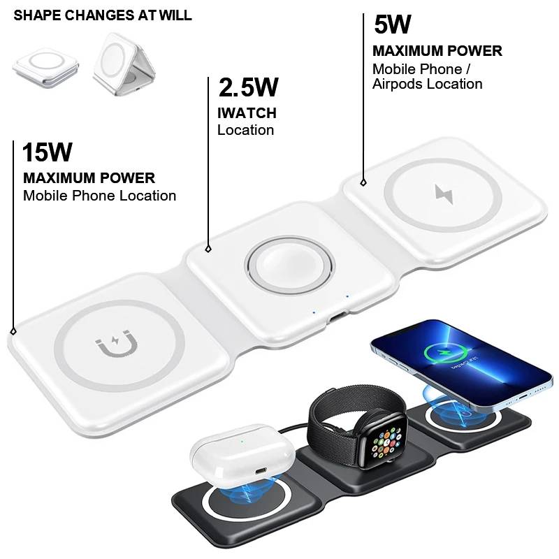 Photo 1 of 1pc White 3-in-1 Wireless Charger: Magnetic Foldable Induction Charging Station 
