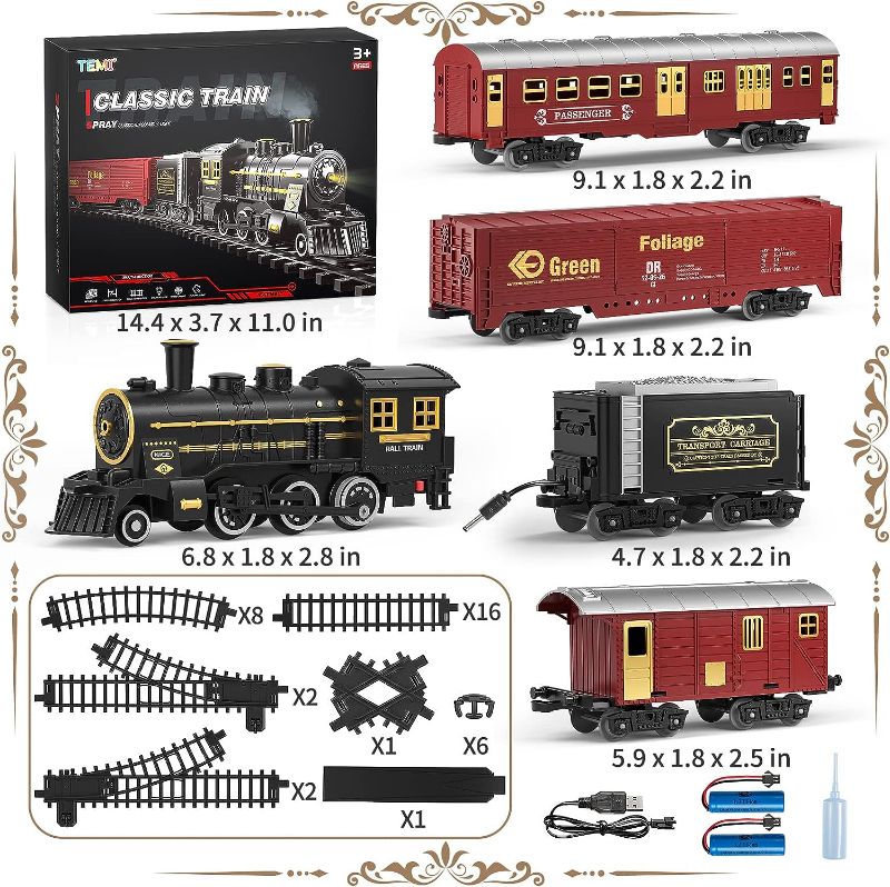 Photo 1 of TEMI Train Set for Kids 3-12 Years, Electric Classical Steam Engine Locomotive with Steam, Light and Sounds, Rechargeable Model Trains Kit Toys w/Passenger Carriage for Boys and Girls