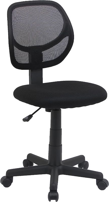 Photo 1 of Amazon Basics Low-Back, Upholstered Mesh, Adjustable, Swivel Computer Office Desk Chair, Black, 18.7"D x 17.7"W x 38.2"H
