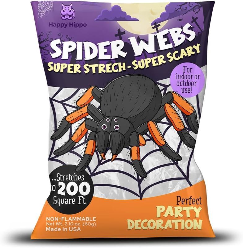 Photo 1 of 14 PACK!!! Happy Hippo Halloween Spider Web Decoration, Halloween Decorations + Plastic Spiders, Halloween Party Supplies, Spider Webs Small, 200 Sq Feet