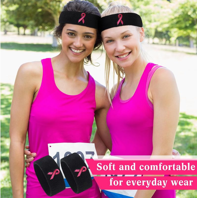 Photo 1 of 2 Pieces Breast Cancer Awareness Sweatband for Women Pink Ribbon Headbands Sports Pink Ribbon Sweatbands for Breast Cancer Awareness Month
