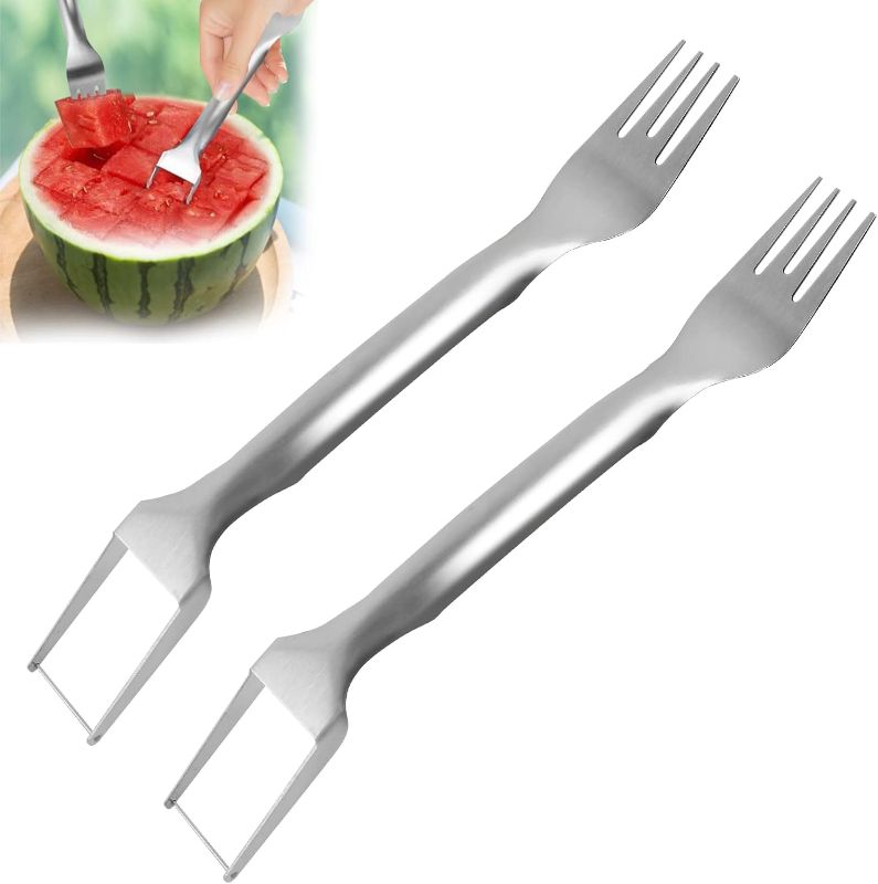 Photo 1 of 2Pcs 2-in-1 Watermelon Fork Slicer, Watermelon Slicer Cutter Stainless Steel Fruit Forks Slicer Tool for Summer Family Parties Camping Watermelon Cutting Artifact
