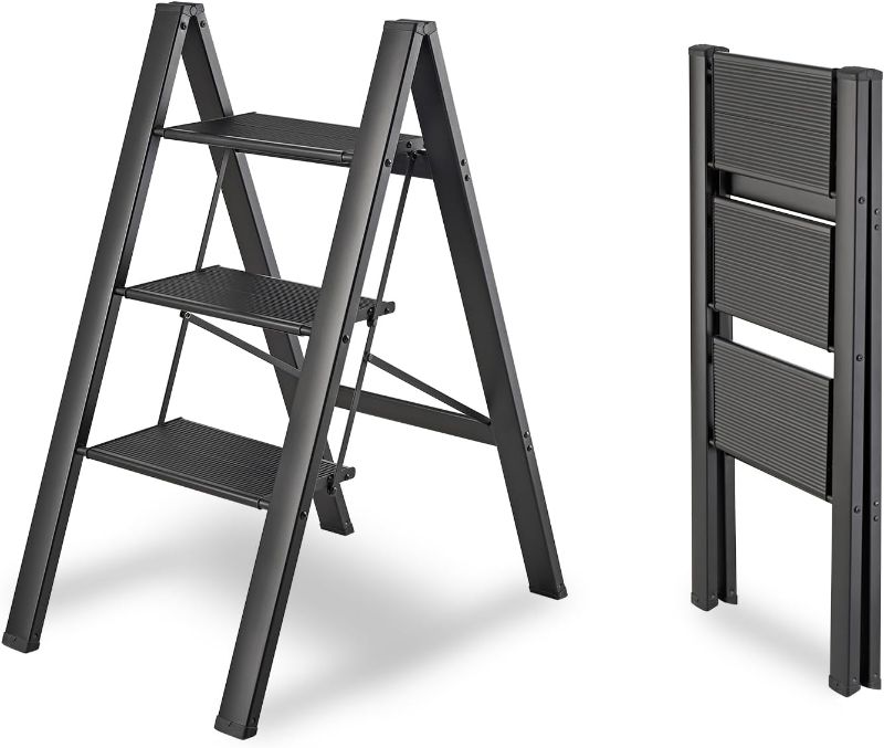 Photo 1 of 3 Step Ladder, Black Aluminum Ladder,330lbs Load Capacity, Folding Step Stool with Wide Anti-Slip Pedal,Lightweight and Portable for Home&Kitchen Space Saving.
