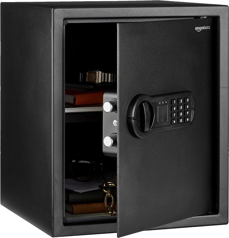 Photo 1 of Amazon Basics Steel Home Security Safe with Programmable Electronic Keypad Lock, Secure Documents, Jewelry, Valuables, 1.52 Cubic Feet, Black, 13.8"W x 13"D x 16.5"H
