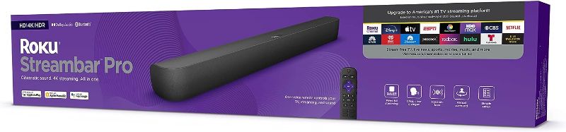 Photo 1 of Roku Streambar Pro | 4K/HD/HDR Streaming Media Player & Cinematic Sound, All In One, Roku Voice Remote with Headphone Jack for Private Listening, Personal Shortcut Buttons, and TV Controls (Renewed)
