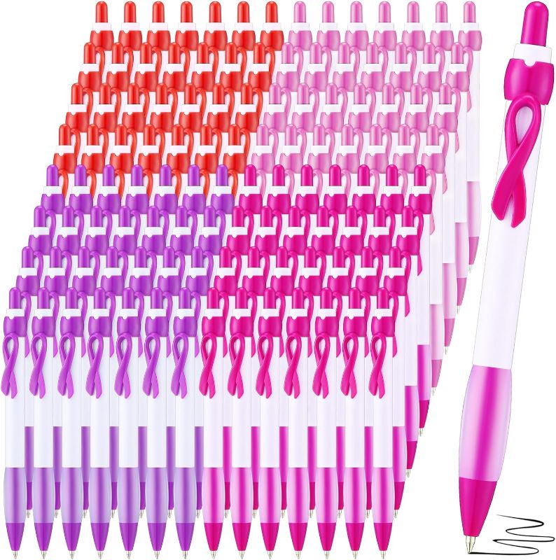 Photo 1 of Ctosree 200 Pcs Cancer Awareness Pen Bulk Red Purple Pink Ribbon Pen HIV Aids Violence Lupus Alzheimer Pancreatic Breast Cancer Awareness Accessories for Public Events Charity Supplies, Black Ink
