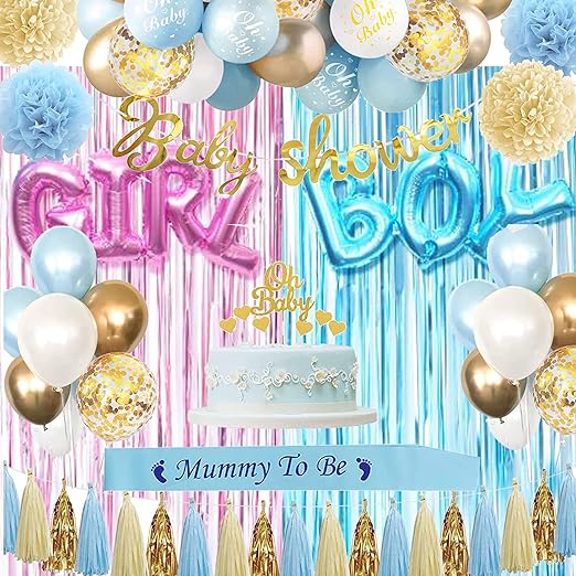 Photo 1 of 71Pcs Baby Shower Decorations for Boy Girl Gender Reveal Party Supplies Blue Gold Balloon Garland Arch Kit Boy Girl Letters Pink Blue Fringe Curtain Baby Pull Flag Ribbons Cupcake Cards
