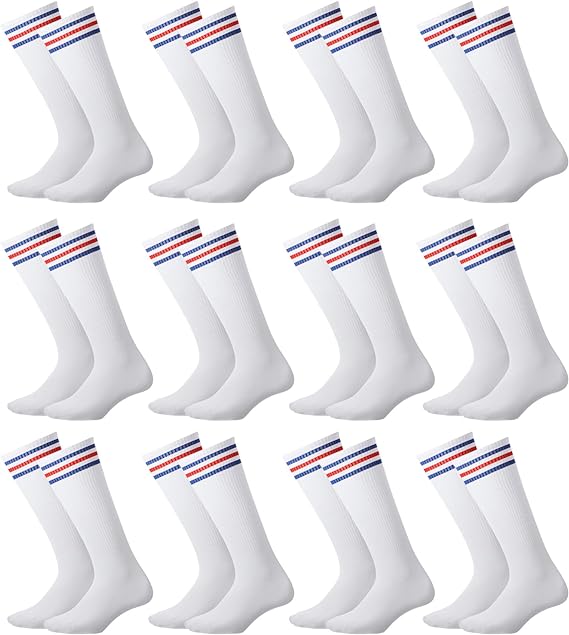 Photo 1 of Haysandy 12 Pair Knee High Athletic Cotton Socks Team Tube White Socks with Stripe Tube Over The Calf High Socks for Adult
