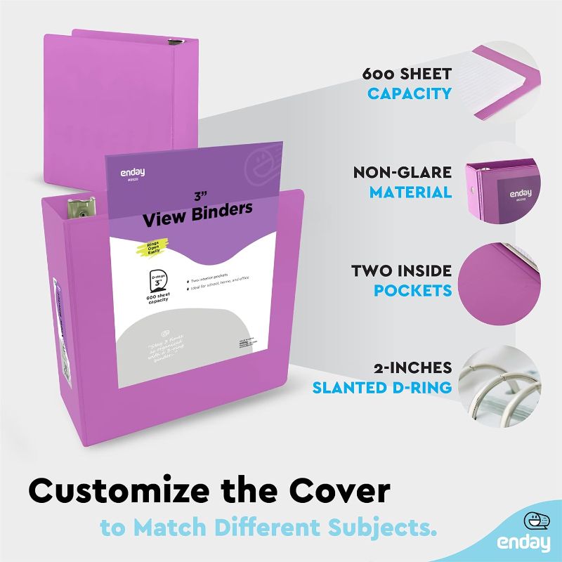 Photo 1 of 3 Inch 3 Ring Binder Clear View Cover with 2 Inside Pockets Purple, and 50 Clear Sheet Protectors for 3 Ring Binder - by Enday