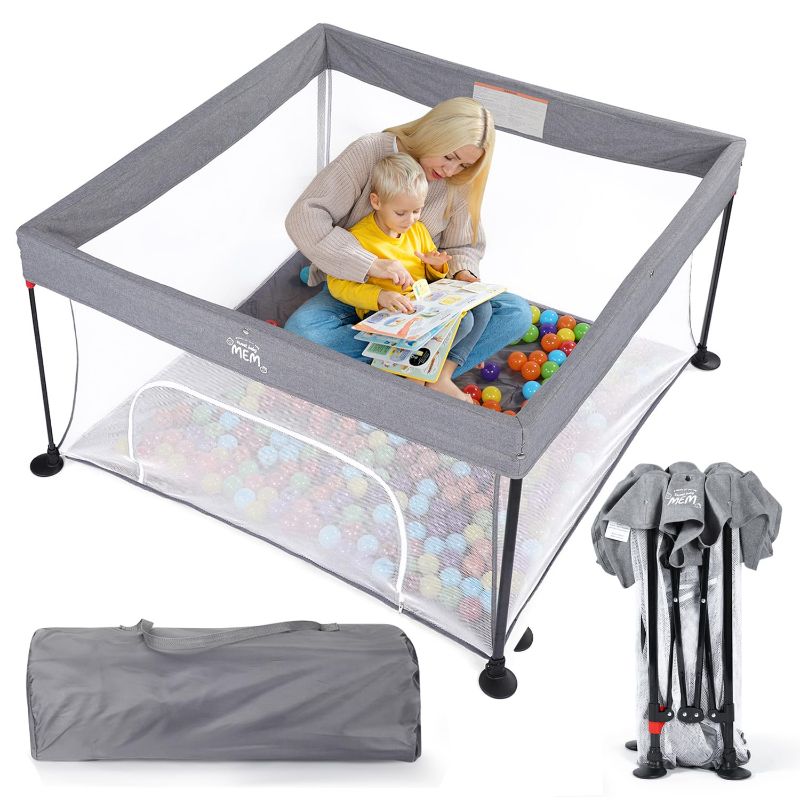 Photo 1 of MEM Baby Playpen, Foldable Playpen for Babies and Toddlers, Indoor Outdoor Playpen Baby Activity Center with Zipper Gate, Pop Up Portable Playpen Play Yard for Baby, 49"x49", Grey