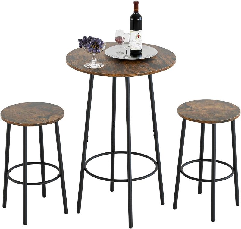 Photo 1 of AEPOALUA 3 Piece Bar Table Set, Round Bar Table and Chairs Set of 2, Pub Dining Table Set Counter Height, Bar Stool Table for Breakfast Nook, Dinning Room, Living Room, Rustic Brown(23.6")

