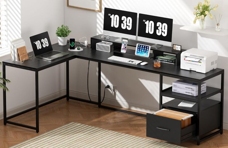 Photo 1 of VEELOK L Shaped Desk - 87" L Shaped Gaming Desk with Power Outlet & Monitor Shelf, Home Office Corner Computer Desk with Printer Shelf & File Drawer, Black
