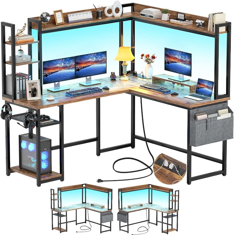 Photo 1 of Aheaplus L Shaped Desk with Power Outlet, L Shaped Gaming Desk with Led Light & Hutch, Reversible Home Office Desk, Corner Computer Desk Writing Desk with Monitor Stand & Storage Shelf, Rustic Brown
