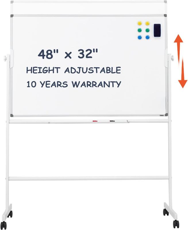 Photo 1 of White Board Dry Erase Board - TANKEE 48 x 32 Inches Mobile Rolling Whiteboard on Wheels, Height Adjustable Large Double-Sided Reversible Magnetic Whiteboard with Stand, for Office Classroom Home
