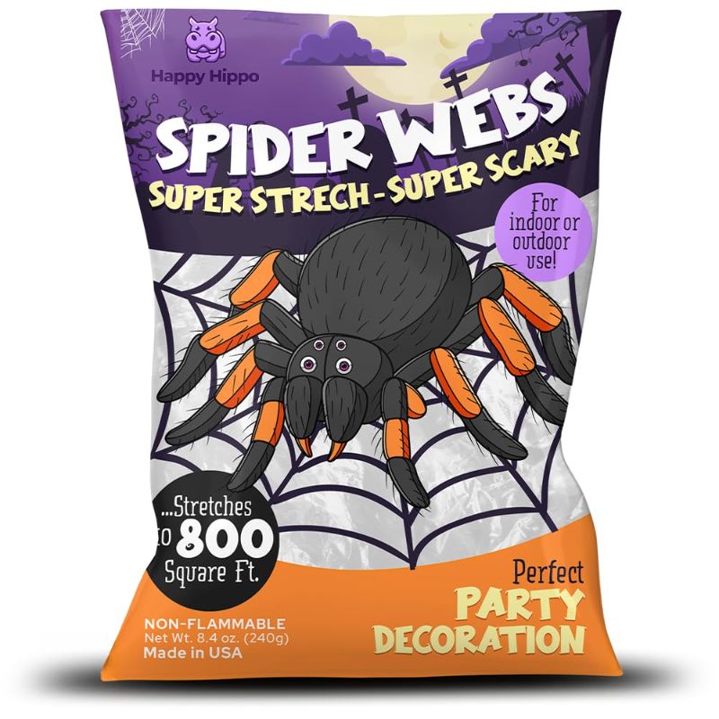 Photo 1 of 2 Happy Hippo Halloween Spider Web Decoration, Halloween Decorations + Plastic Spiders, Halloween Party Supplies, Spider Webs Small, 200 Sq Feet