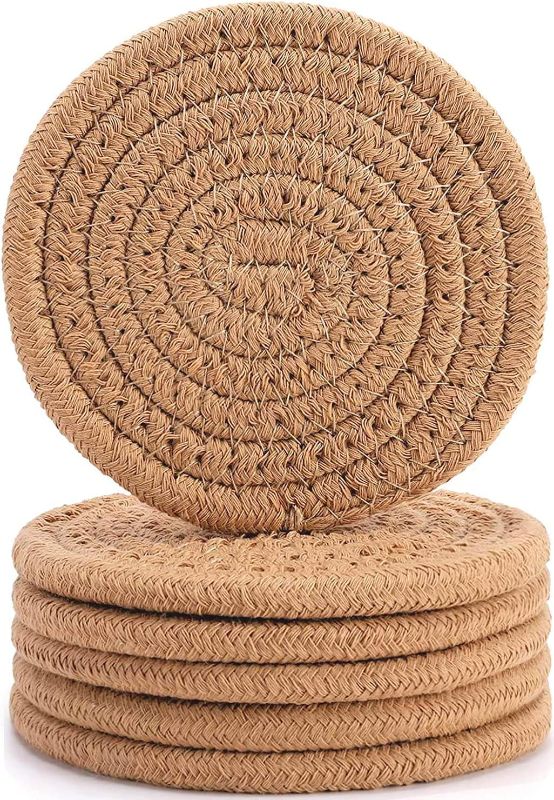Photo 2 of ABenkle 6 Pcs Coasters for Drinks,Super Absorbent Drink Coasters, Stylish Handmade Round Woven Coaster for Coffee Table Tabletop Protection Housewarming Gift for Home Decor - 4.3 Inches, Brown
`