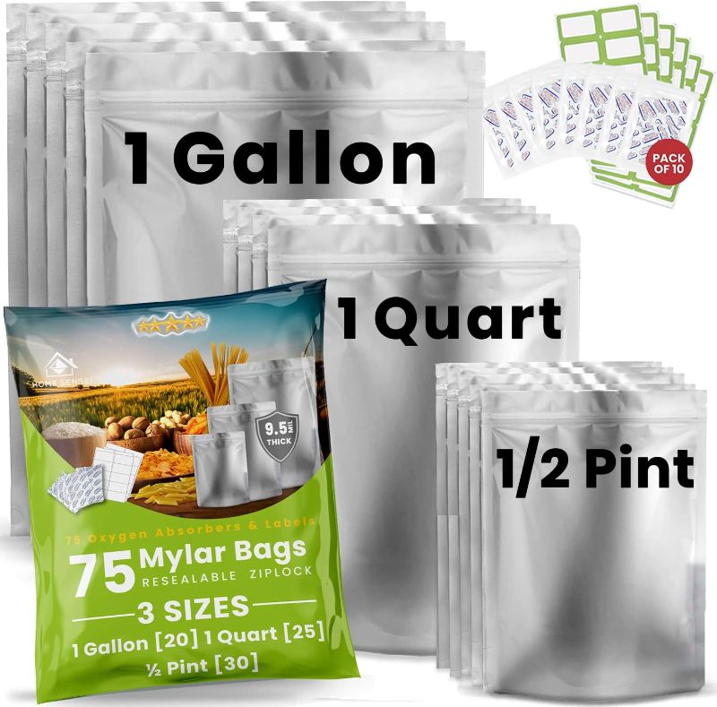 Photo 1 of 75pcs Mylar bags for Food Storage - Extra Thick 10 Mil - Gallon/Quart/Pint - Mylar Bags with Oxygen Absorbers 400cc - Ziplock Resealable Mylar Bags - Mylar Food Storage Bags - Bolsas Mylar
