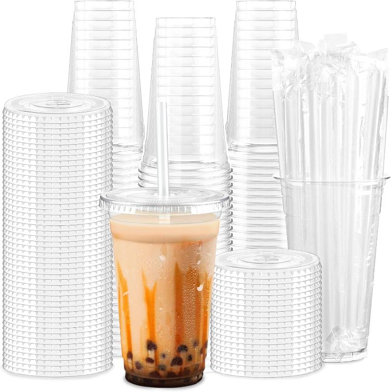 Photo 1 of ZORRITA 100 Sets 20 oz Plastic Cups with Lids and Straws, Disposable Crystal Clear PET Drinking Cups with Slotted Lids for Bubble Boba Tea, Iced Cold Coffee, Smoothie, Milkshake, Juice
