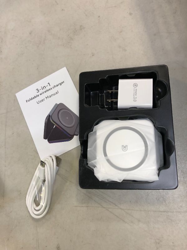 Photo 3 of 3 in 1 Wireless Charging Station, BOCLOUD Fast Mag-Safe Charger Stand [Portable & Foldable] Charger Pad with Color Light for iPhone 13/14/12/11/XR/XS/8 Series,Samsung S22/21/20, iWatch, AirPods White