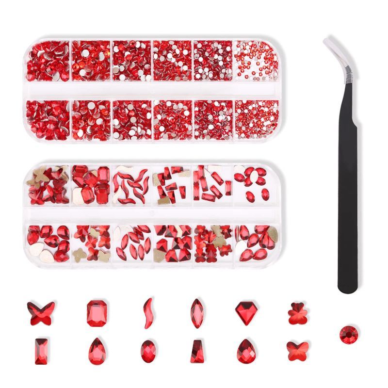 Photo 1 of 2324Pcs Red Rhinestones Nail Crystals Gemtones Flatback Rhinestone Multi-Shape Nail Jewels Mix Sizes Rhinestone Set with Tweezers and Wax Pencil for Nails Makeup DIY Craft(SS4-SS16)
