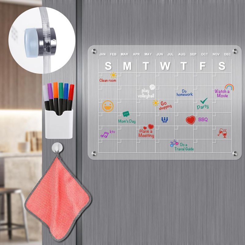 Photo 1 of VTVTKK Acrylic Magnetic Dry Erase Board Calendar for Fridge, 16"x12" Inches Magnetic Monthly Calendar for Fridge with 6 Colorful Markers, Clear Magnetic Calendar for Fridge, Magnetic Planner
