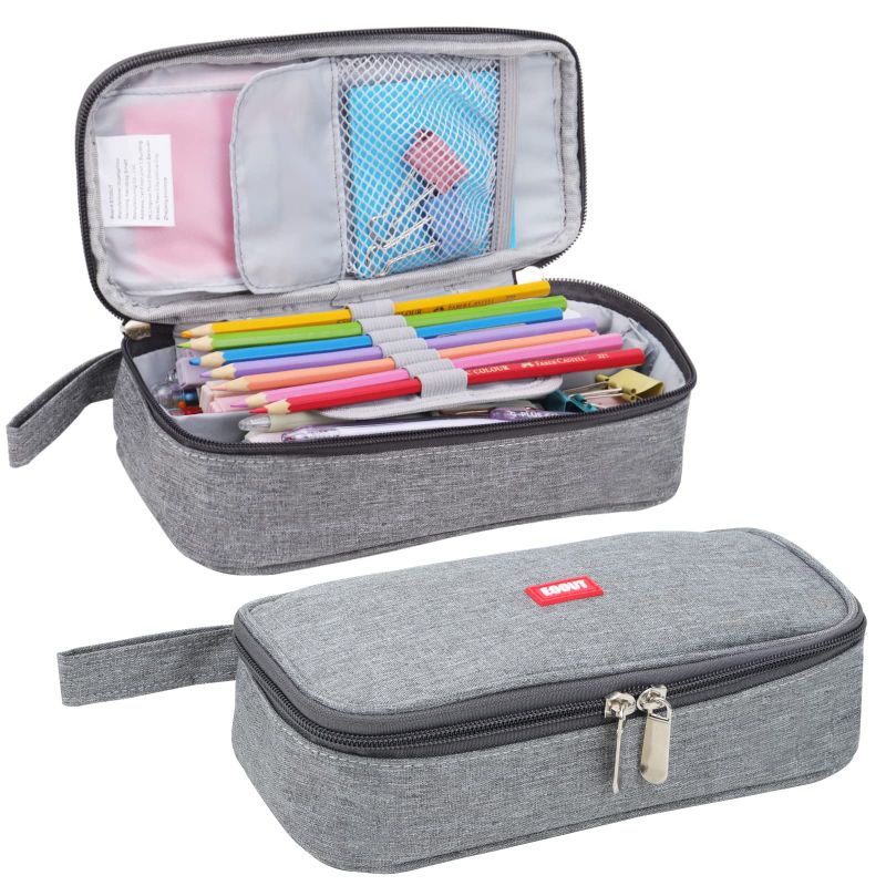Photo 1 of EOOUT Big Capacity Grey Pencil Case Pouch with Zipper, Large Organized Pen Case Makeup Bag Office Supplies Stationery Pencil Box for College Middle School Travel (PACK OF 2)