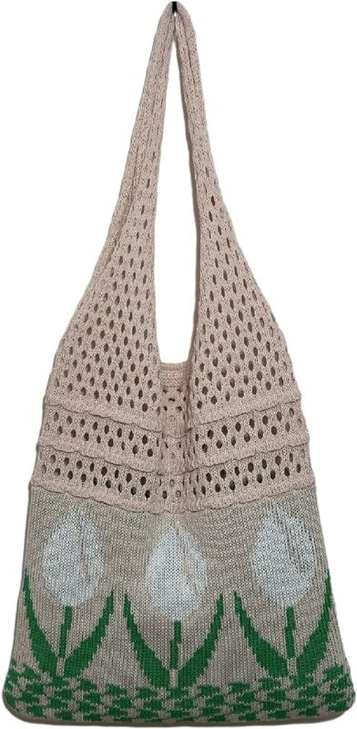 Photo 1 of Donloise Crochet Tote Bag Aesthetic Y2K Cute Hippie Bag Indie Flower Print Shoulder Handbags Purse Accessories for Women
