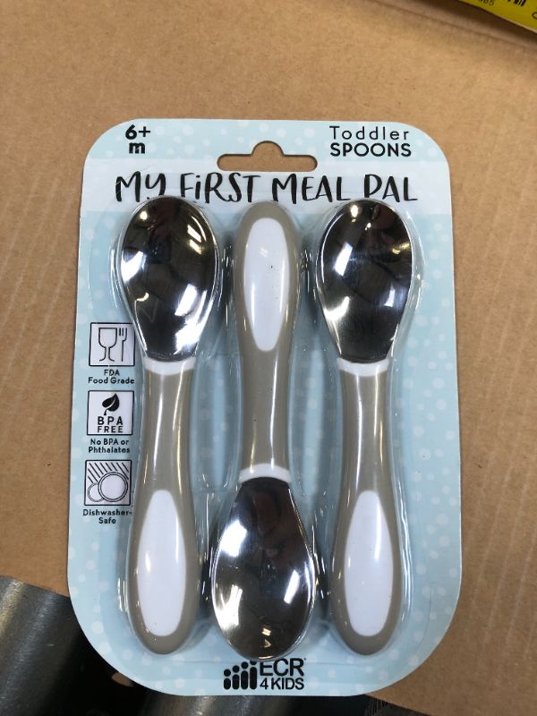 Photo 2 of ECR4Kids My First Meal Pal Toddler Spoons-Free and Dishwasher Safe Utensils for Babies and Kids, Children's Flatware for Self-Feeding, White/Light Grey (3-Pack)