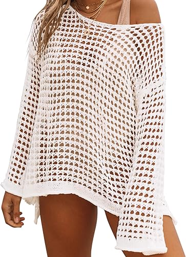 Photo 1 of Hount Womens Swimsuit Coverups 2023 Summer Crochet Bathing Suit Bikini Cover Up Long Sleeve Beachwear Tunic Tops 2xl