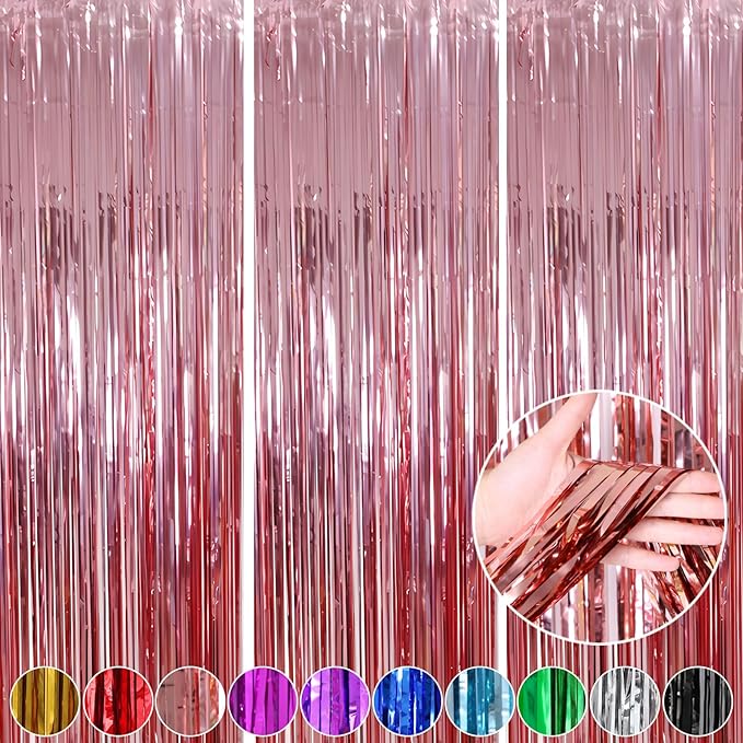 Photo 1 of 3 Pack 3.3x8.2 Feet Rose Gold Fringe Curtains Party Decorations,Tinsel Backdrop Curtains Birthday Decorations, Baby Shower, Disco Party, Wedding, Graduation
