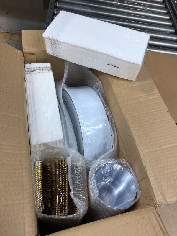 Photo 2 of 350 Piece Gold Dinnerware Set for 50 Guests, Plastic Plates Disposable for Party, Include: 50 Gold Rim Dinner Plates, 50 Dessert Plates, 50 Paper Napkins, 50 Cups, 50 Gold Silverware Set