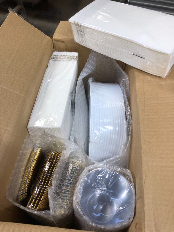 Photo 1 of 350 Piece Gold Dinnerware Set for 50 Guests, Plastic Plates Disposable for Party, Include: 50 Gold Rim Dinner Plates, 50 Dessert Plates, 50 Paper Napkins, 50 Cups, 50 Gold Silverware Set