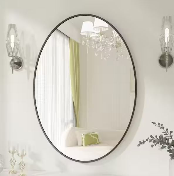 Photo 1 of 24 in. x 36 in. Oval Black Classic Aluminum Alloy Framed Wall Mirror
