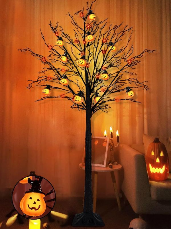 Photo 1 of [Timer] 6 Ft High Halloween Tree Black Tree with 96 Orange LED Lights & 24 DIY Pumpkin Ornaments Artificial Spooky Tree for Halloween Decoration Outdoor Indoor Home(4 Ground Stakes/Adapter)
