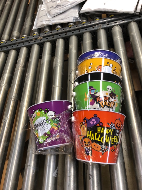 Photo 2 of JOYIN 6 PCS Halloween Steel Bucket with Handle in 6 Designs, Halloween Metal Pail Candy Bowl Holder for Trick-or-Treat, Halloween Goodie Bags, Baskets for Party Favor Supplies
