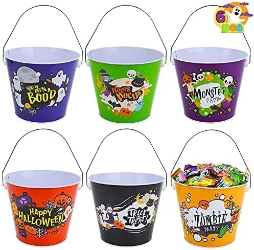 Photo 1 of JOYIN 6 PCS Halloween Steel Bucket with Handle in 6 Designs, Halloween Metal Pail Candy Bowl Holder for Trick-or-Treat, Halloween Goodie Bags, Baskets for Party Favor Supplies
