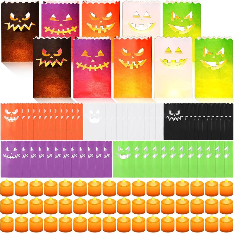 Photo 1 of 50 Pcs Halloween Luminary Bags with 48 Pcs LED Tea Light Candles, Pumpkin Silhouette Paper Lantern Bags Colorful Jack O' Orange Pumpkin Tealight Bags Flame Resistant for Halloween Party Decoration
