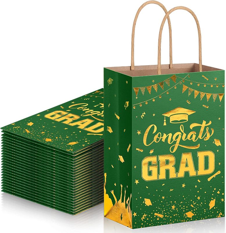 Photo 1 of 12 Pieces 2023 Graduation Gift Bags Congrats Grad Bags Party Favor Bags with Handles Graduation Treat Paper Bags for Graduation Day Grad Party Supplies Decorations, 8 x 6 x 3 Inches GREEN GOLD