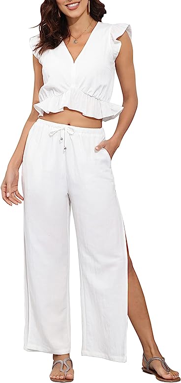 Photo 1 of Hount Womens Summer 2 Piece Outfits V Neck Crop Top Side Split Wide Leg Pants Jumpsuit Casual Vacation Outfits with Pockets