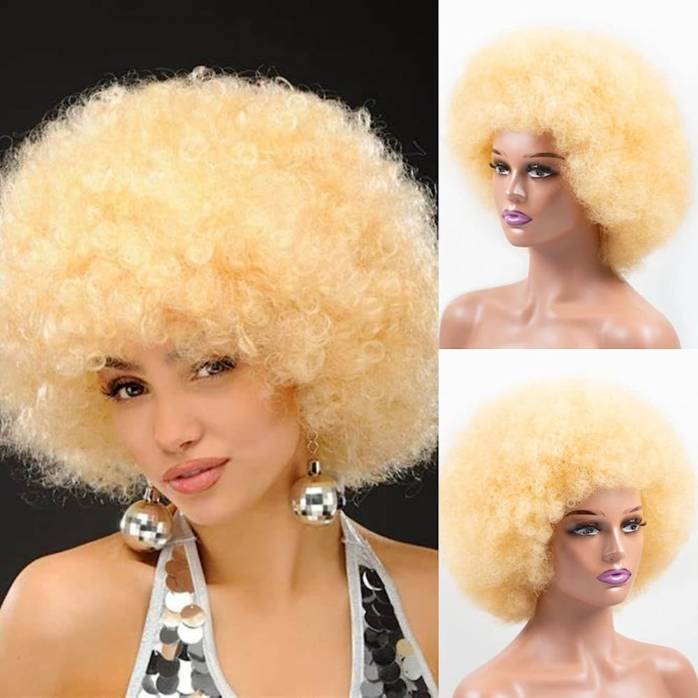 Photo 1 of HOSYTIS Afro Wig 70s Blonde Afro Wig for Black Women Afro Kinky Curly Hair Wigs With Bangs Soft Natural Looking Short Afro Curly Wig Bouncy For Daily Party Use