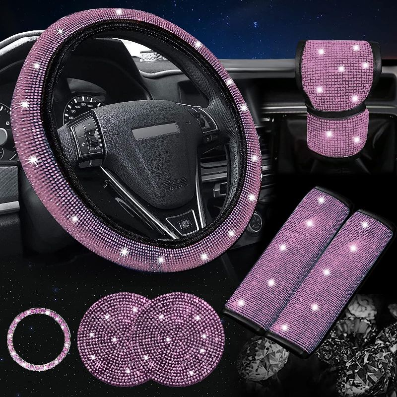 Photo 1 of *DIFFERENT FROM STOCK PHOTO* Pink Car Accessories Set Bling Rhinestone Steering Wheel Cover Universal 15Inch Fuzzy Fur Wheel Protector Crystal Seat Belt Covers Shoulder Pads for Women Girls Soft Velvet Center Console Cover,4 PCS…