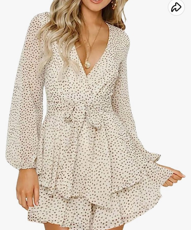 Photo 1 of AlvaQ Womens Spring Summer V Neck Knot Front Ruffles Long Sleeve Floral Print Short Mini Dress, Medium