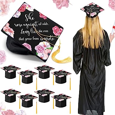 Photo 1 of 8 Pcs 2023 Graduation Cap Topper for Women Printed Grad Cap Adjustable Graduation Hats with Tassel Encourage Inspiration Gift She Believed She Could (Lovely)